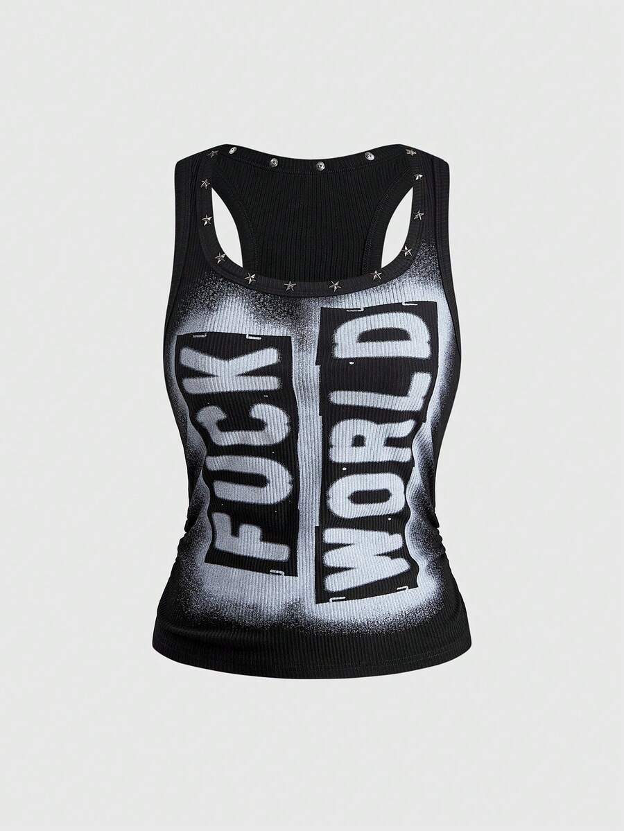 Women's black slim fit tank top featuring a starry sky rivet print and square neckline.