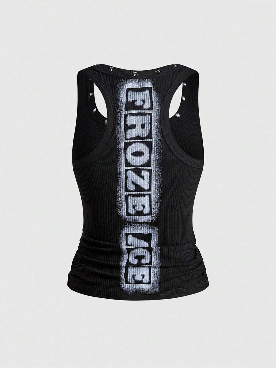 Women's black slim fit tank top featuring a starry sky rivet print and square neckline.