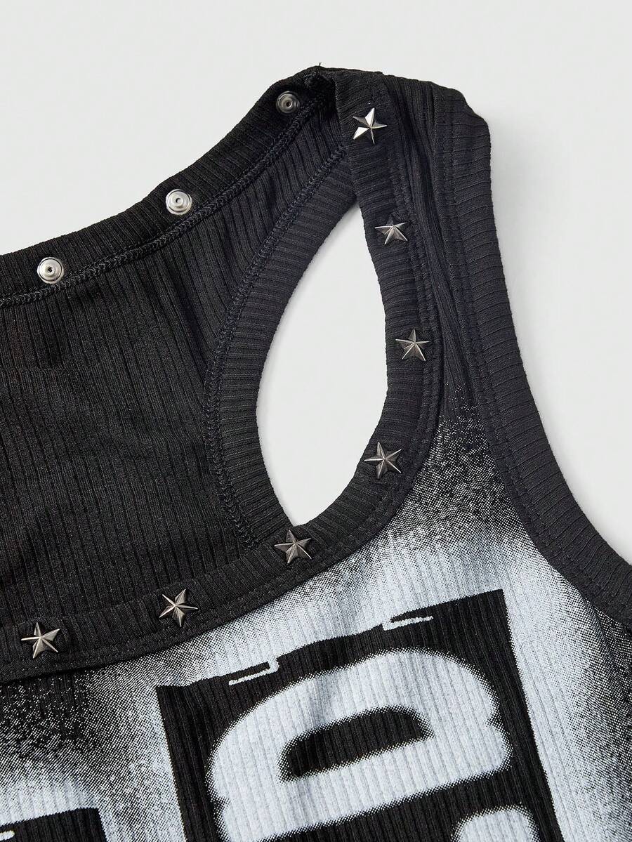 Women's black slim fit tank top featuring a starry sky rivet print and square neckline.