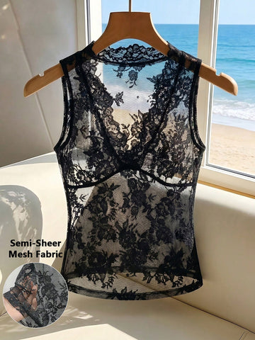 Franclia women's black semi-sheer lace camisole featuring a deep V-neckline with contrast lace trim in a slim fit sleeveless design.