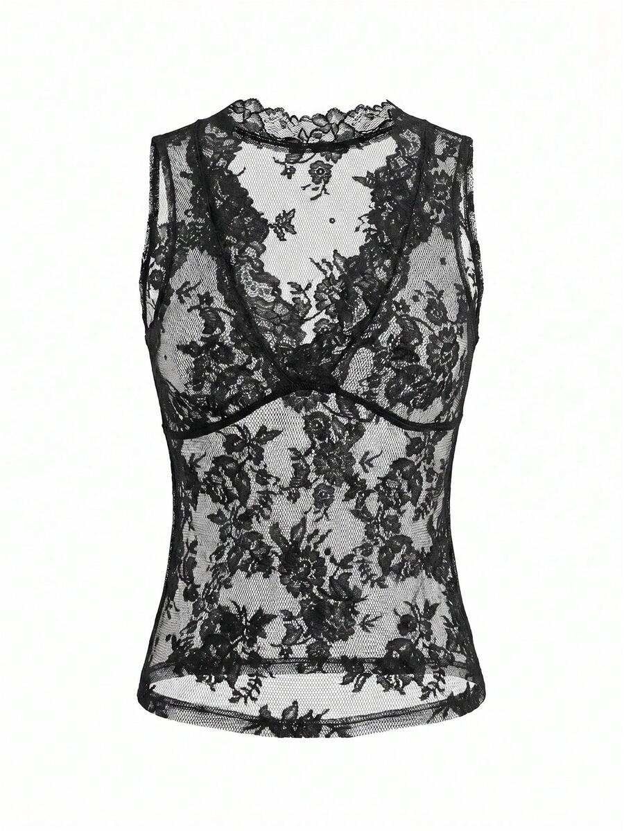 Franclia women's black semi-sheer lace camisole featuring a deep V-neckline with contrast lace trim in a slim fit sleeveless design.