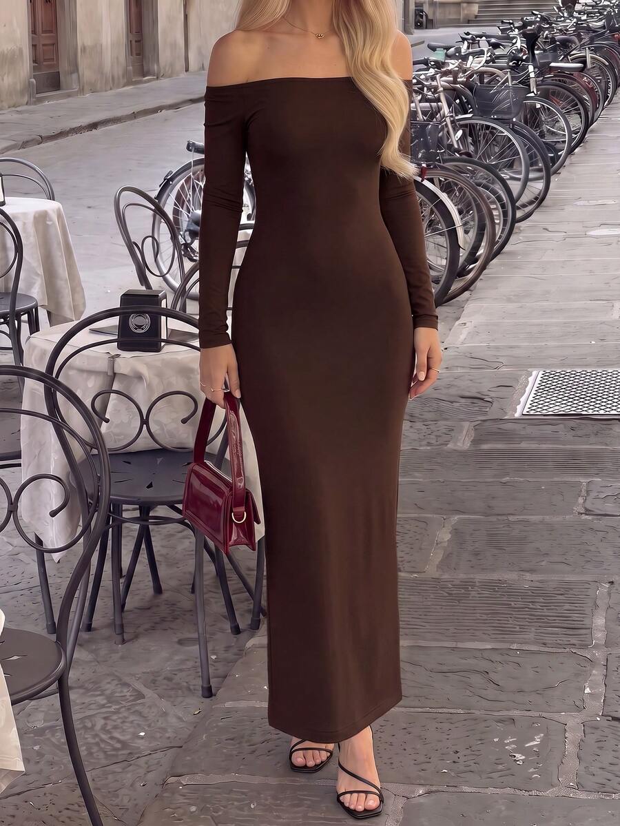 Women's coffee long sleeve off-the-shoulder knitted bodycon maxi dress with slim fit and mermaid hem