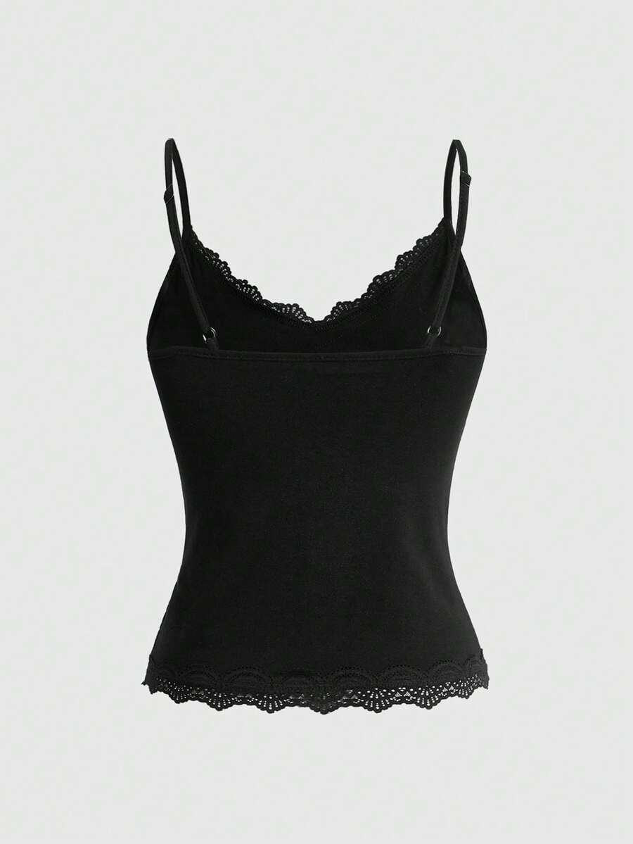Pink floral print crop camisole top for women featuring contrast lace trim, spaghetti straps, and a slim fit.