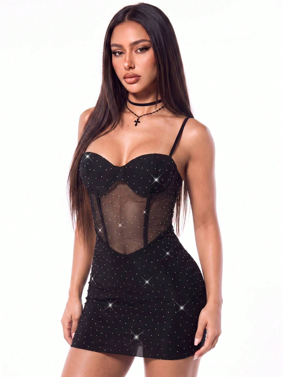 Black contrast lace bustier cami bodycon mini dress for women featuring spaghetti straps and a backless design.