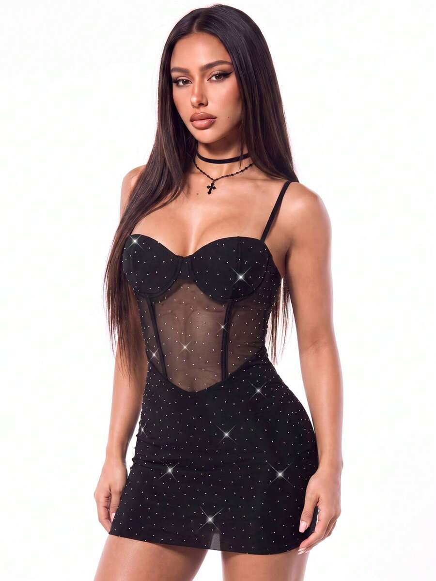 Black contrast lace bustier cami bodycon mini dress for women featuring spaghetti straps and a backless design.