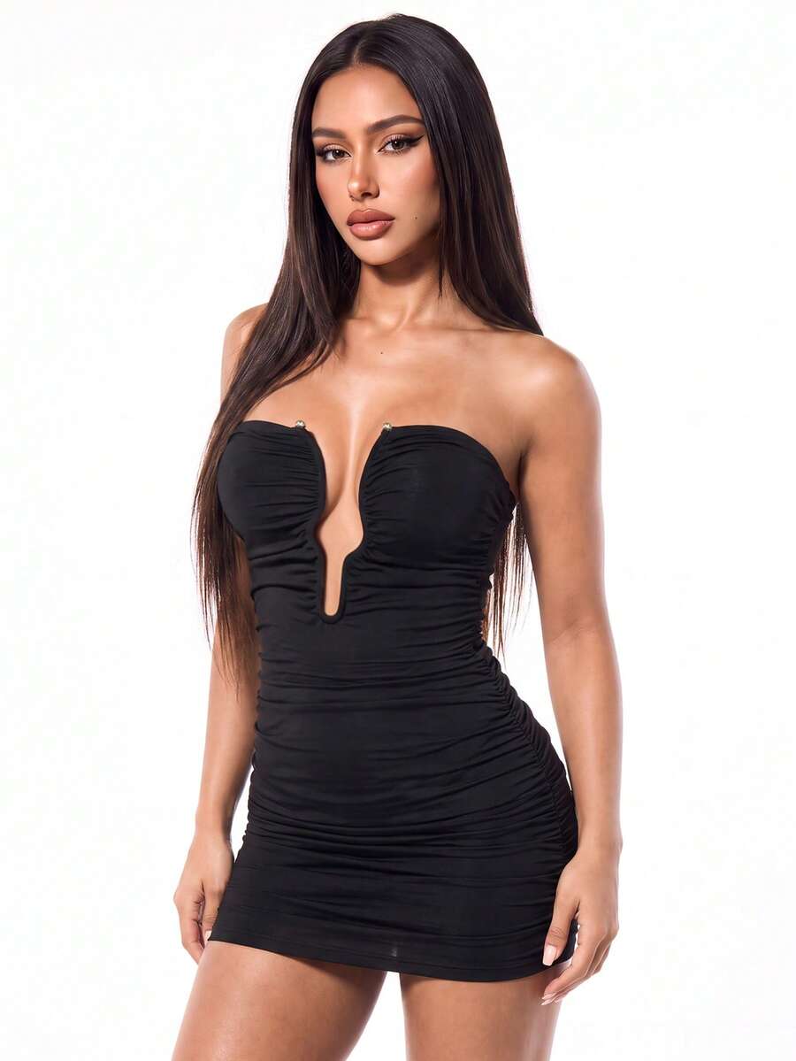 Women's apricot sequin strapless mini bodycon dress featuring cup detail and separate arm sleeves.