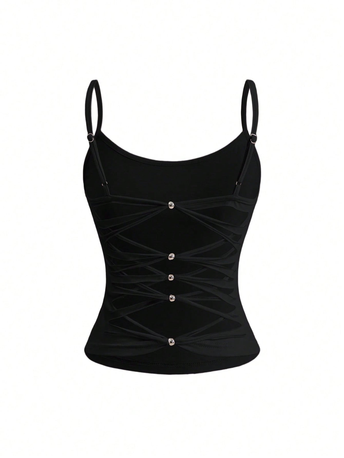 Woman wearing a black backless halter tank top with criss-cross details and textured knit fabric