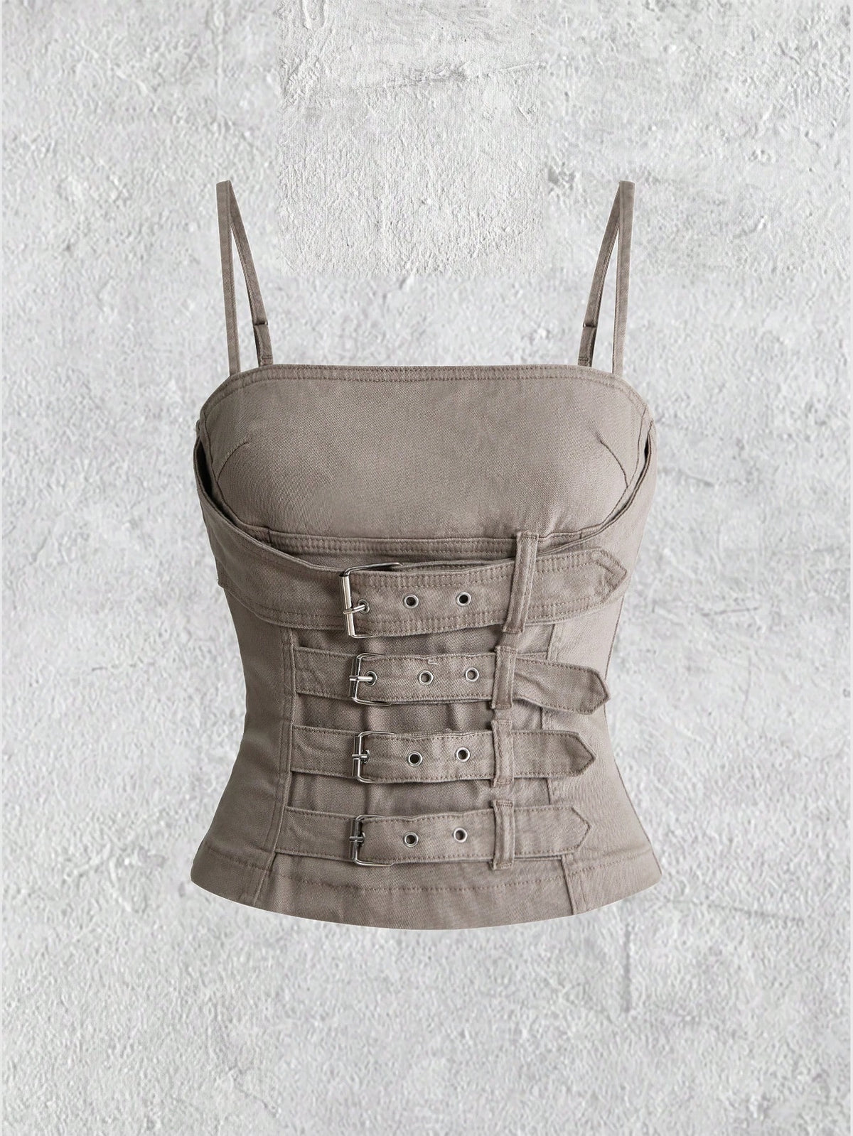 Khaki washed denim backless tank top featuring spaghetti straps, metal buckle detail, and slim fit for women.