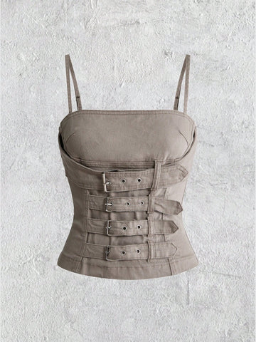Khaki washed denim backless tank top featuring spaghetti straps, metal buckle detail, and slim fit for women.
