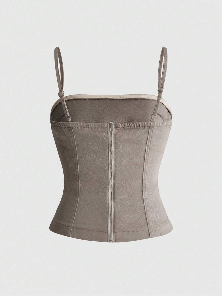 Khaki washed denim backless tank top featuring spaghetti straps, metal buckle detail, and slim fit for women.