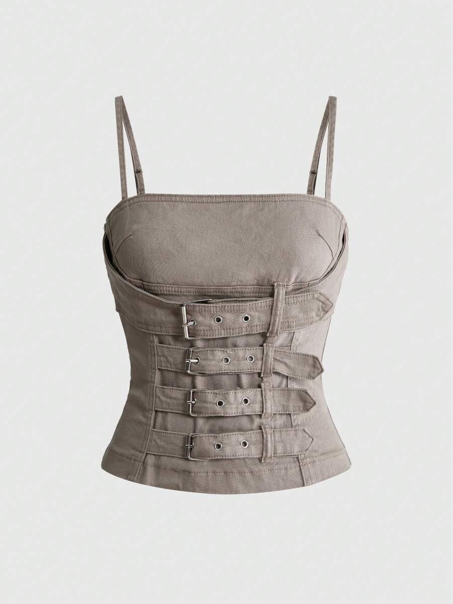 Khaki washed denim backless tank top featuring spaghetti straps, metal buckle detail, and slim fit for women.
