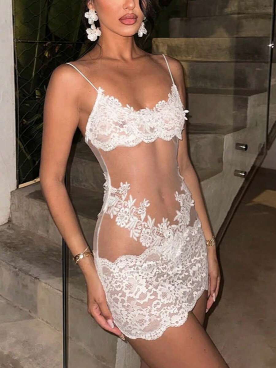 Women's black lace mesh cami mini dress with spaghetti straps and slim fit design