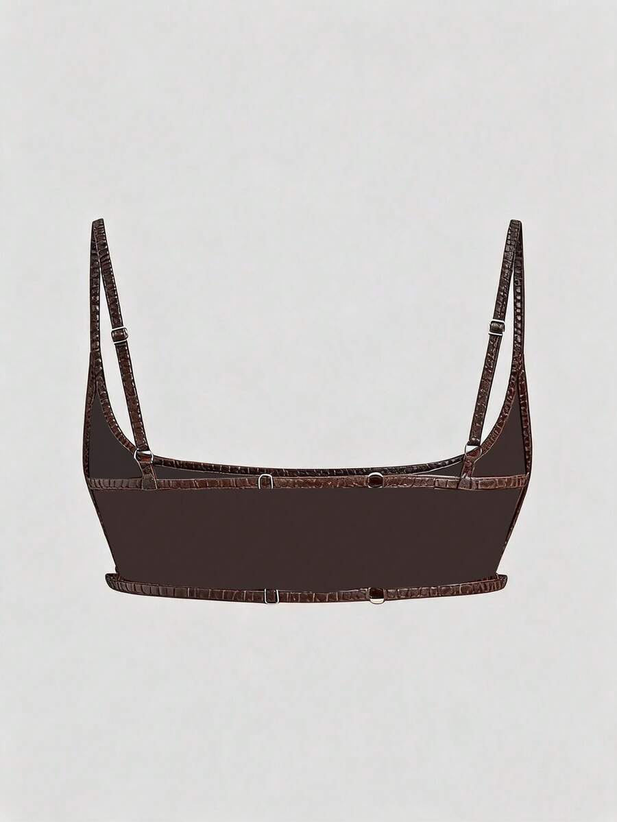 Women's black cropped camisole top with faux crocodile texture, backless spaghetti straps, and matching arm sleeves.