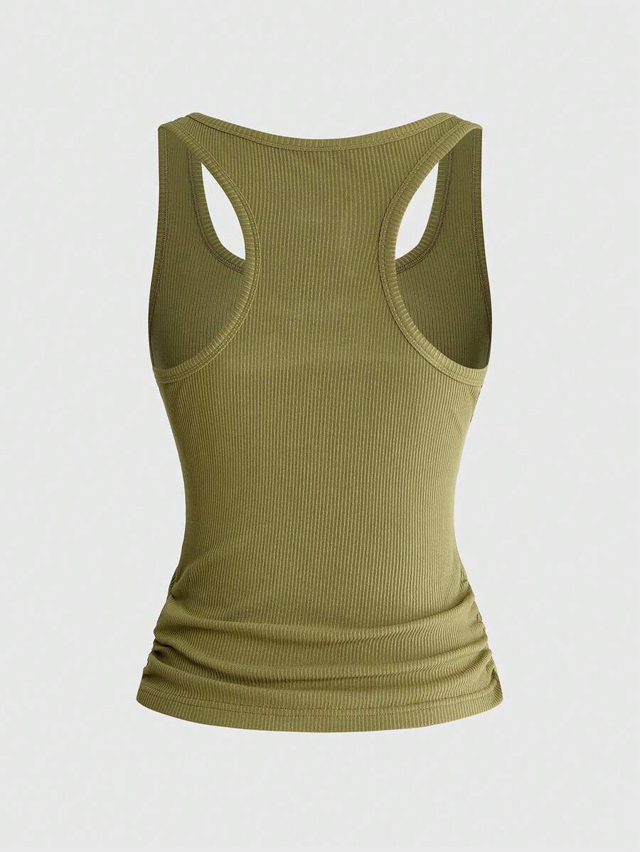 Black rib-knit scoop neck tank top featuring leopard print and graphic lettering for women.