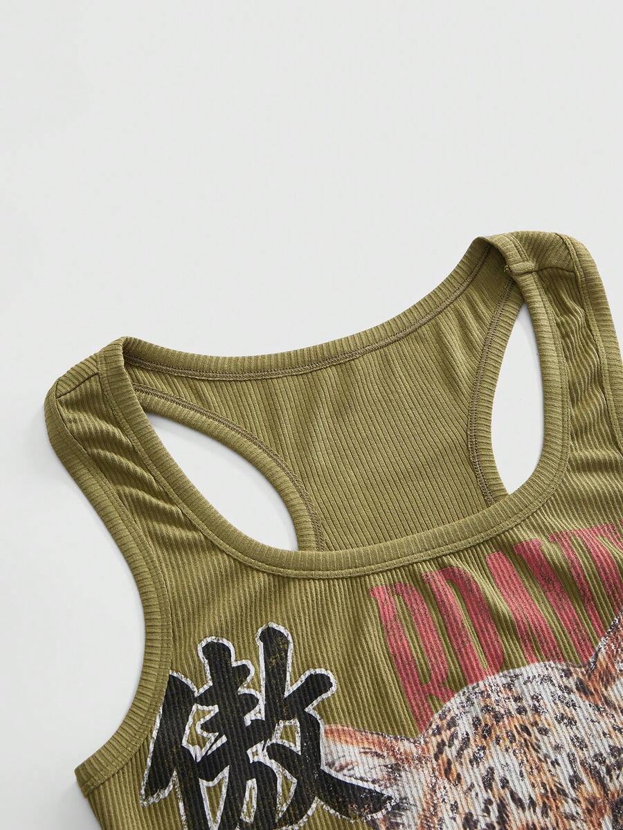 Black rib-knit scoop neck tank top featuring leopard print and graphic lettering for women.