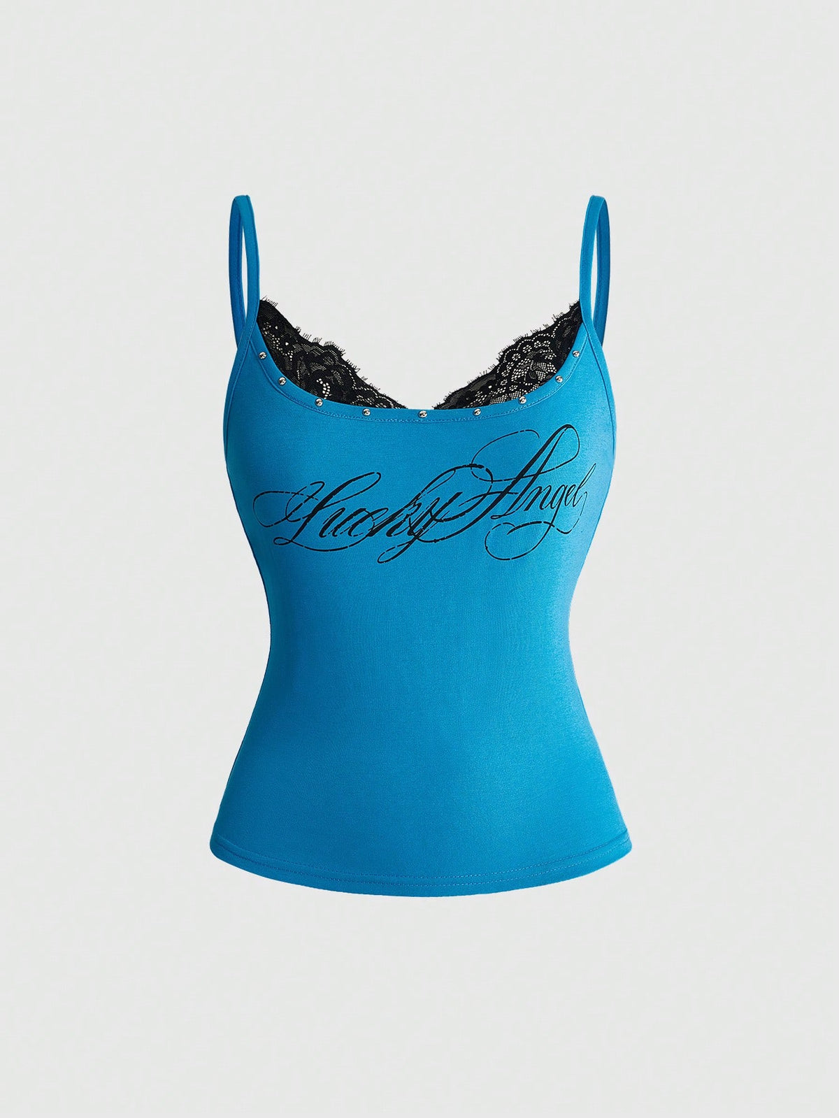 Black 2-in-1 lace patchwork cami tank top featuring spaghetti straps, contrast lace trim, and matching arm sleeves.