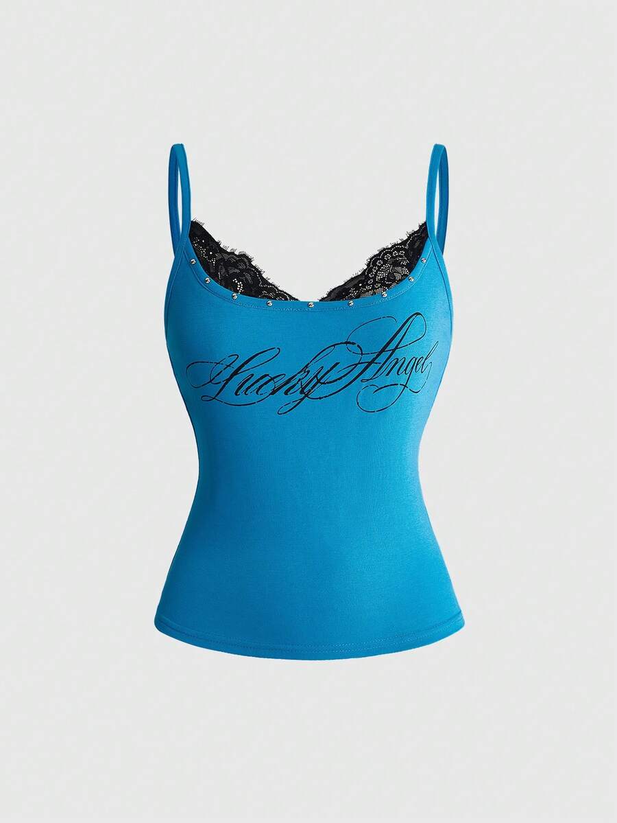 Black 2-in-1 lace patchwork cami tank top featuring spaghetti straps, contrast lace trim, and matching arm sleeves.