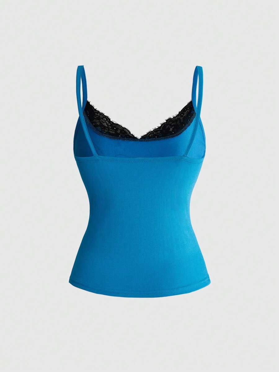 Black 2-in-1 lace patchwork cami tank top featuring spaghetti straps, contrast lace trim, and matching arm sleeves.