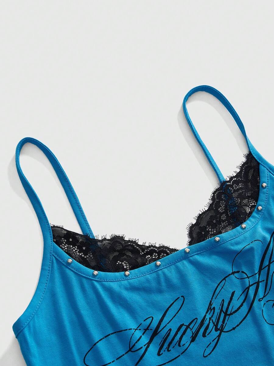 Black 2-in-1 lace patchwork cami tank top featuring spaghetti straps, contrast lace trim, and matching arm sleeves.