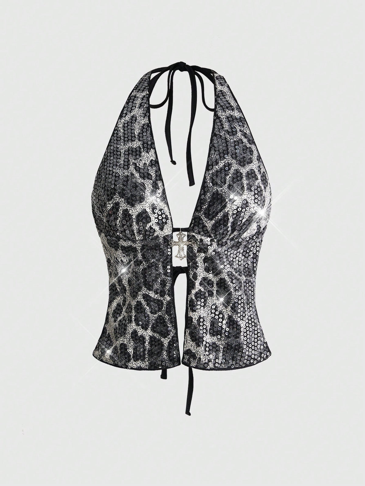 Women's white backless sequin halter neck tank top with knot details and slim fit boho style.