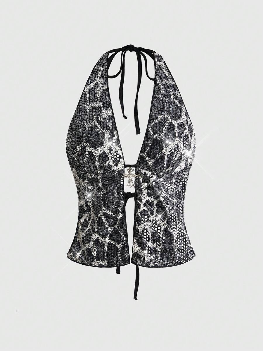 Women's white backless sequin halter neck tank top with knot details and slim fit boho style.