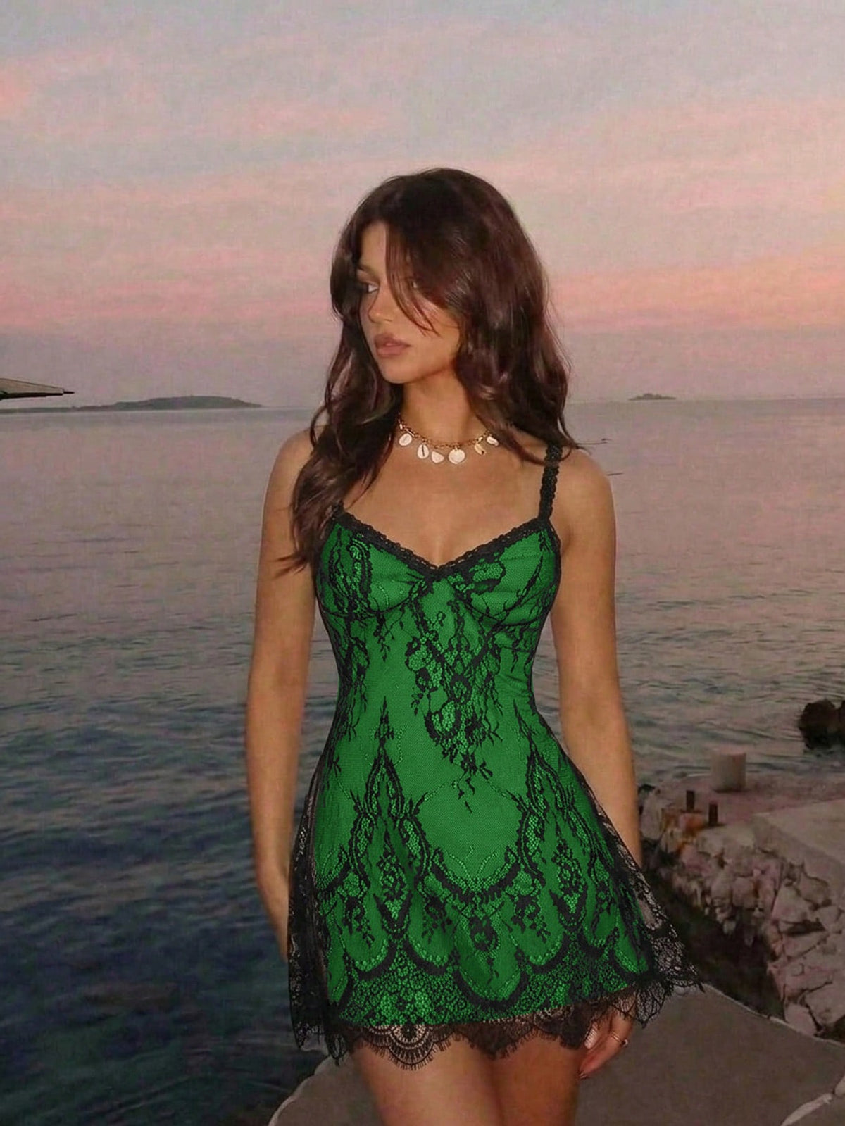 Skyraze women's lace waist-cinching cami dress featuring spaghetti straps, a high waist, and slim fit design.