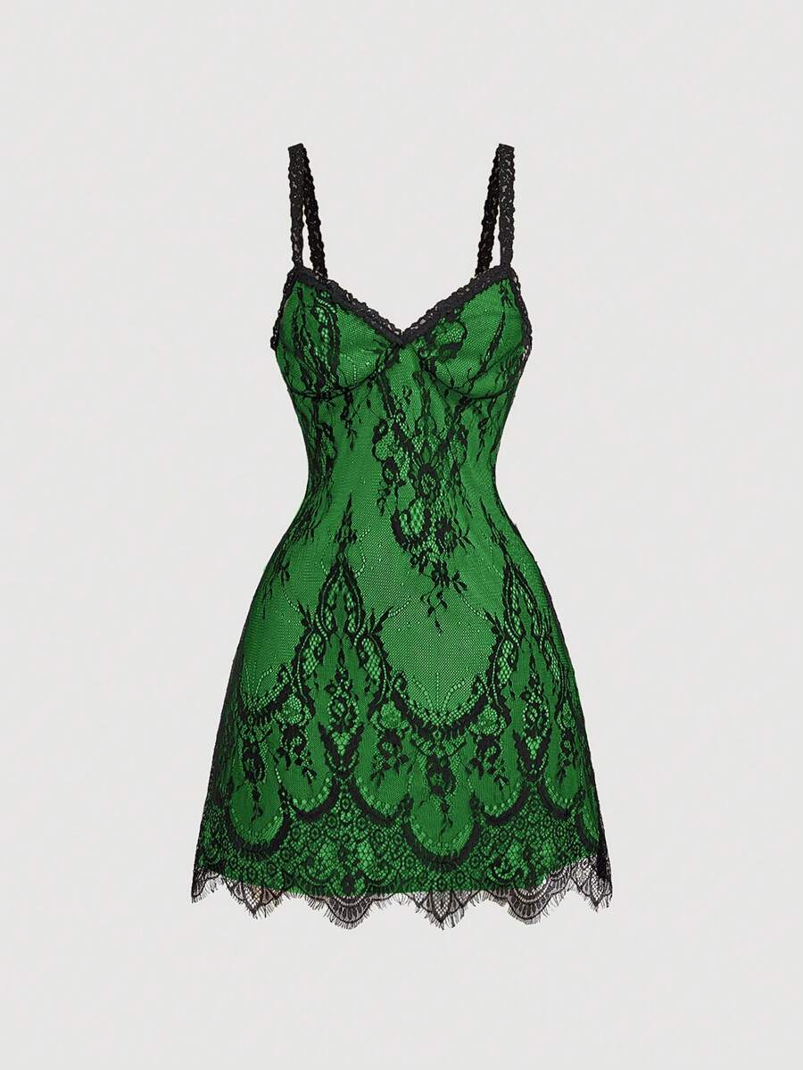Skyraze women's lace waist-cinching cami dress featuring spaghetti straps, a high waist, and slim fit design.