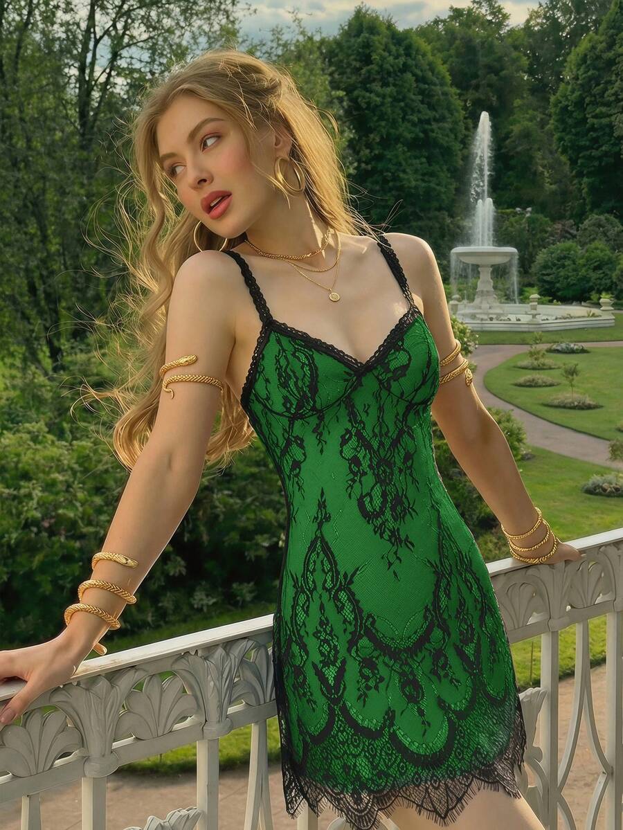 Skyraze women's lace waist-cinching cami dress featuring spaghetti straps, a high waist, and slim fit design.