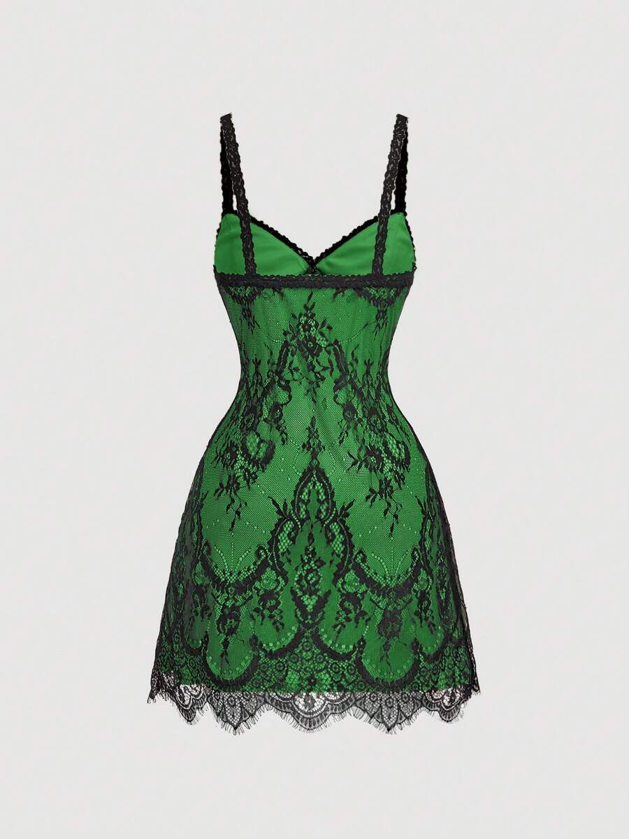 Skyraze women's lace waist-cinching cami dress featuring spaghetti straps, a high waist, and slim fit design.