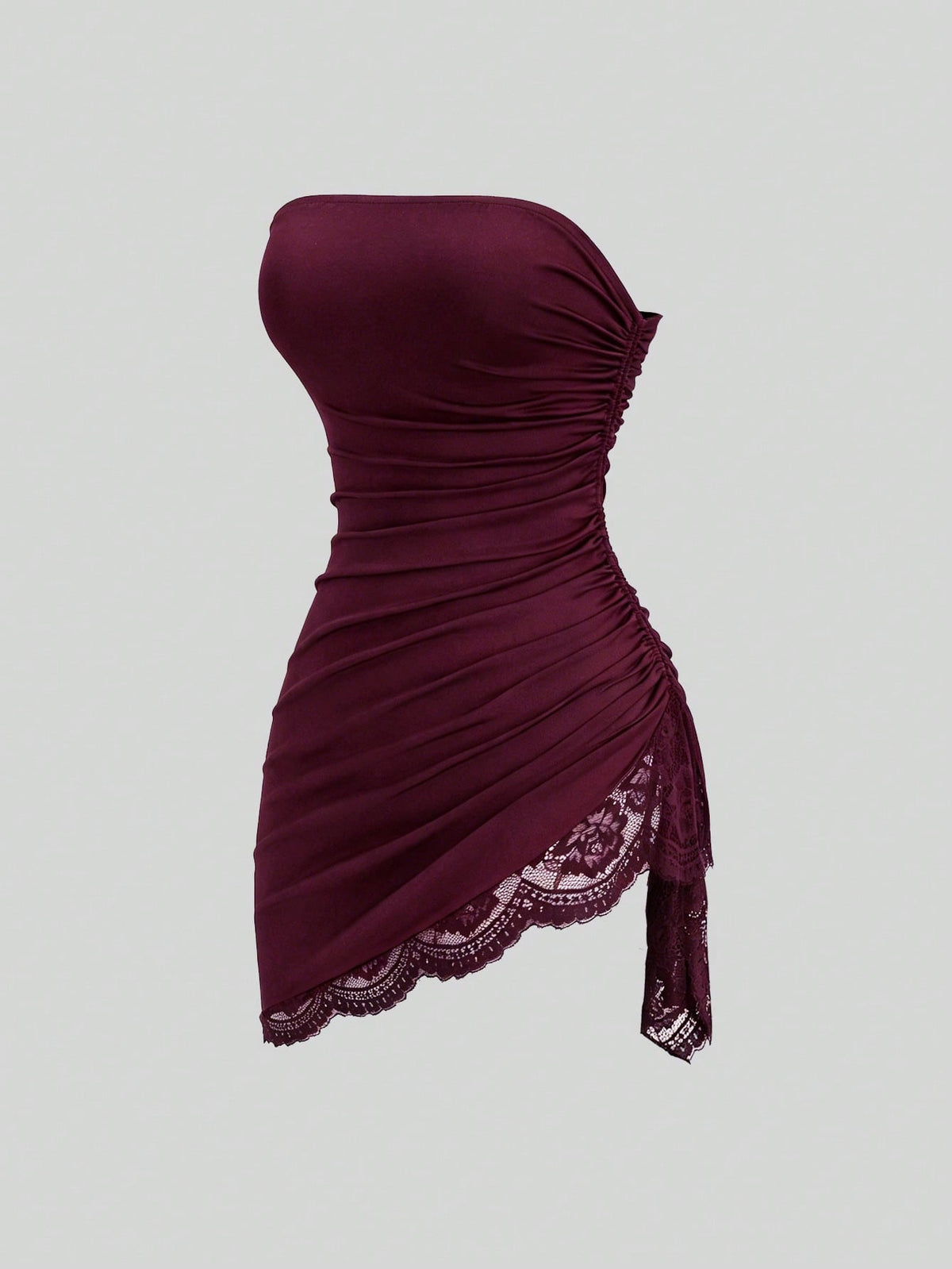 Women's black strapless lace patchwork bodycon mini dress featuring a slim fit design and an asymmetrical hem.