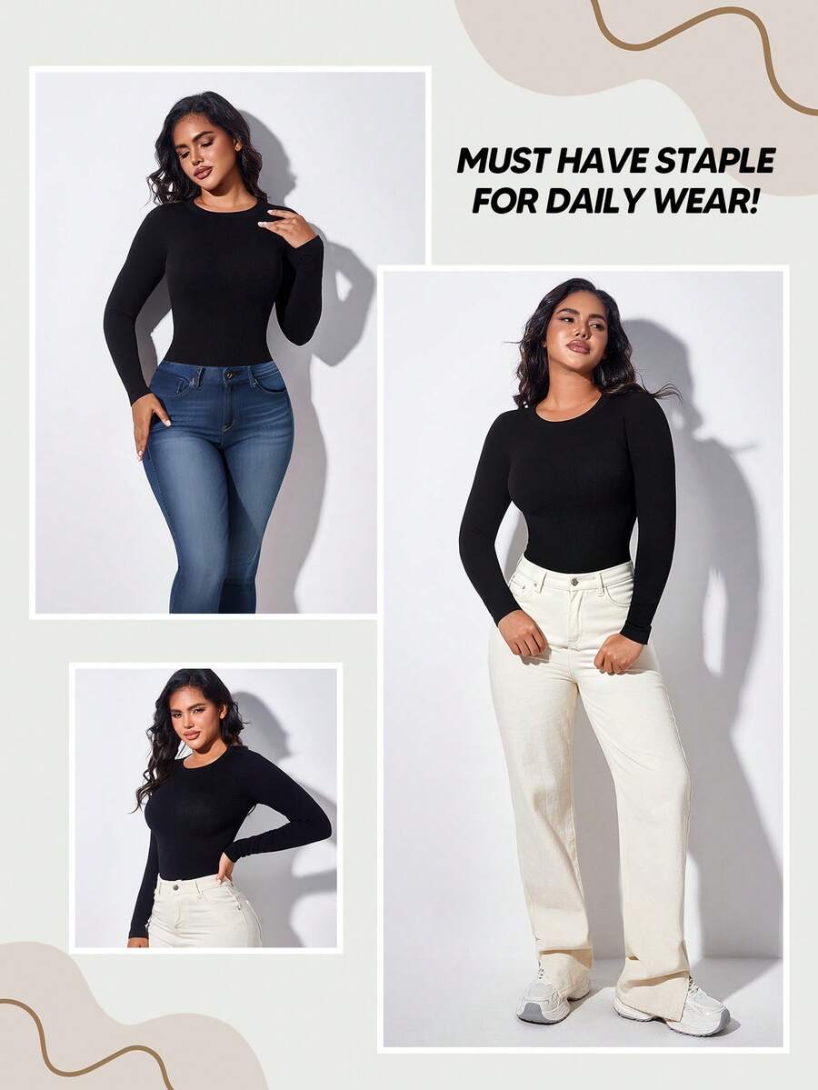 Black ribbed backless shapewear bodysuit for women featuring tummy control and light support.