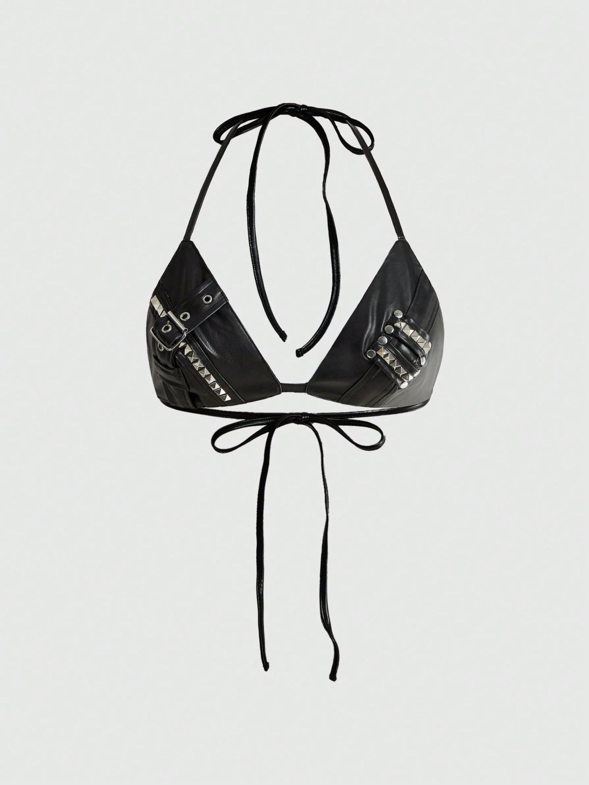 Black PU halter tank top featuring metal rivet design, triangle cups, micro crop length, and backless tie-back detail.