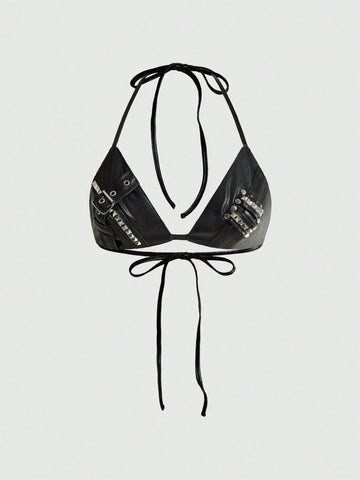 Black PU halter tank top featuring metal rivet design, triangle cups, micro crop length, and backless tie-back detail.