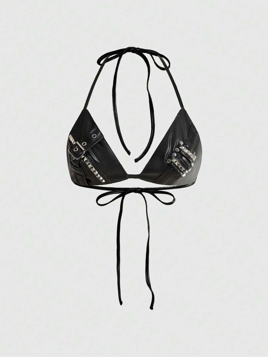 Black PU halter tank top featuring metal rivet design, triangle cups, micro crop length, and backless tie-back detail.