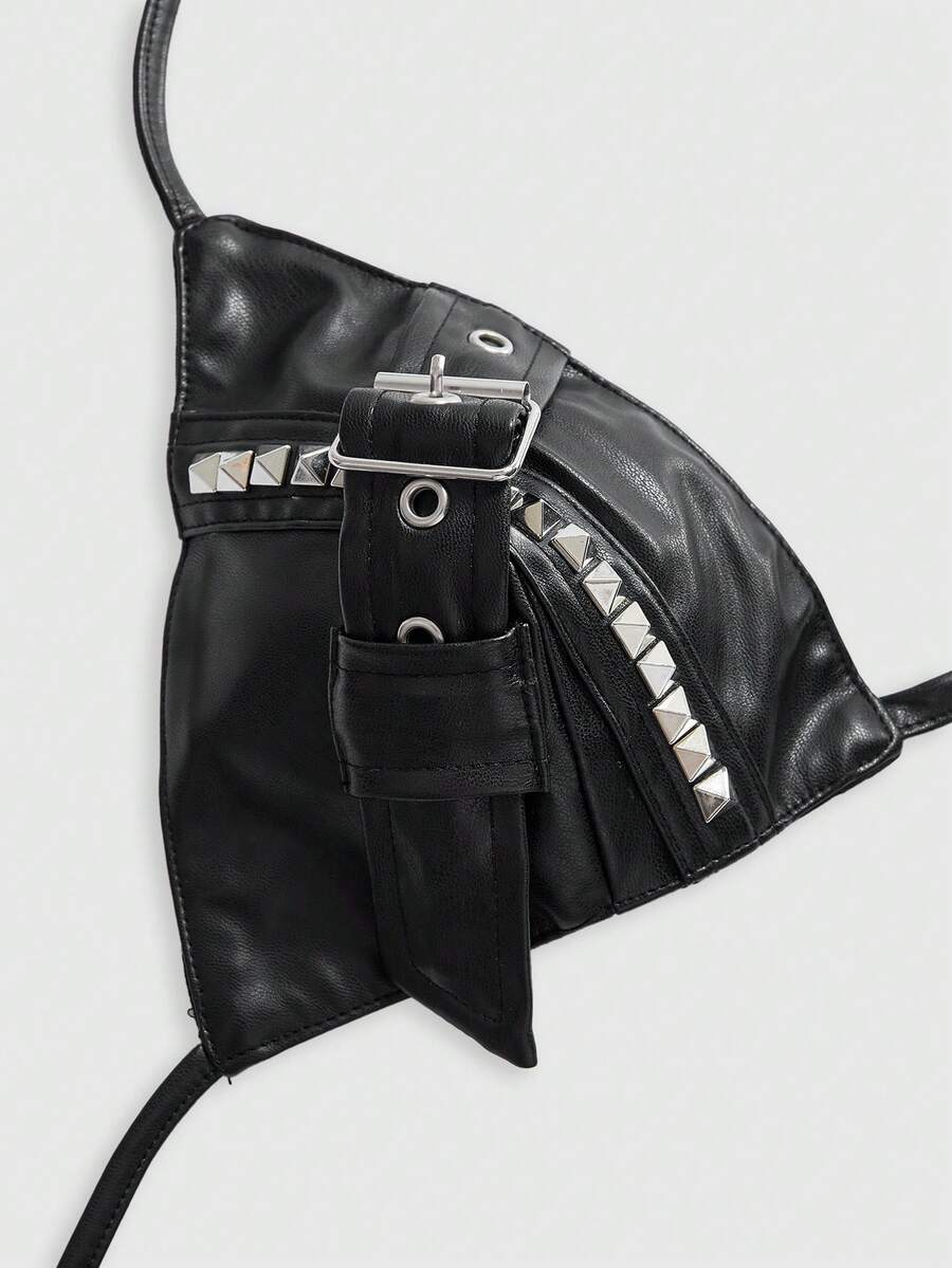 Black PU halter tank top featuring metal rivet design, triangle cups, micro crop length, and backless tie-back detail.