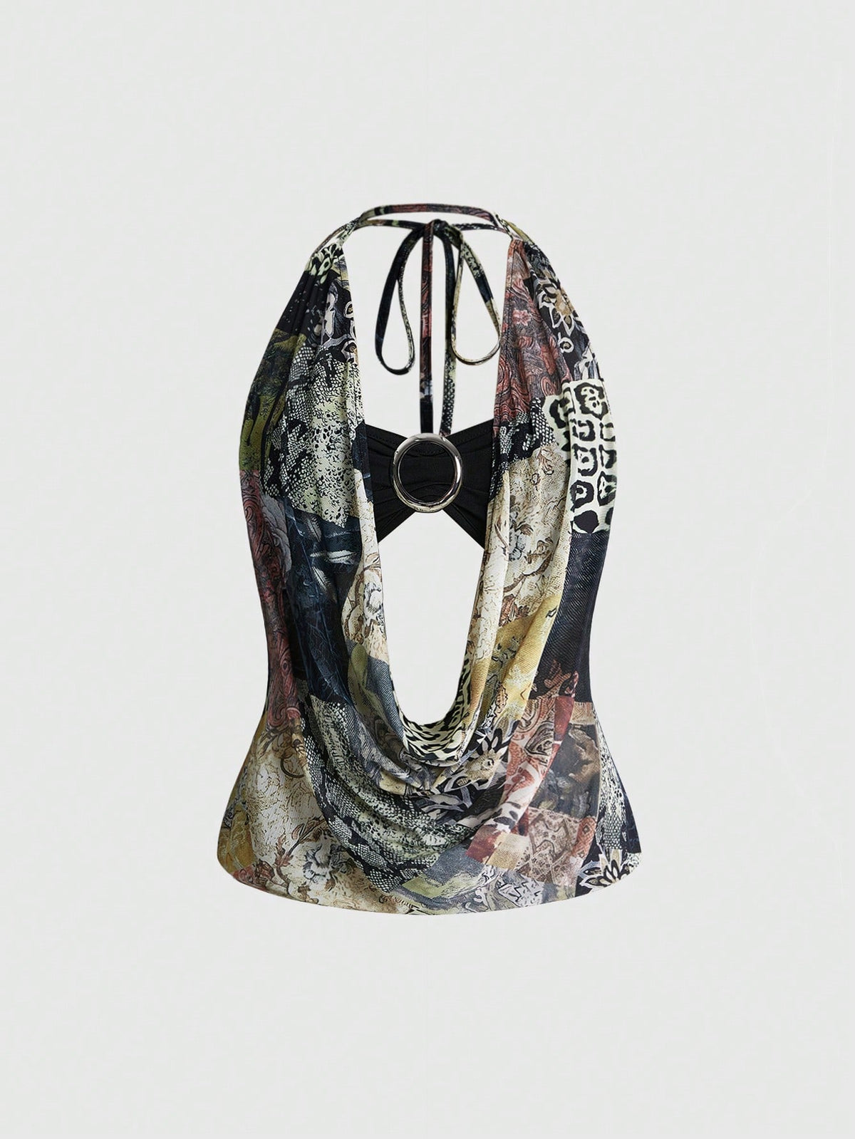 Women's cowl neck halter crop tank top featuring a draped backless design and matching bandeau inner layer.
