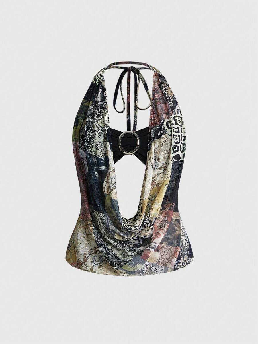 Women's cowl neck halter crop tank top featuring a draped backless design and matching bandeau inner layer.