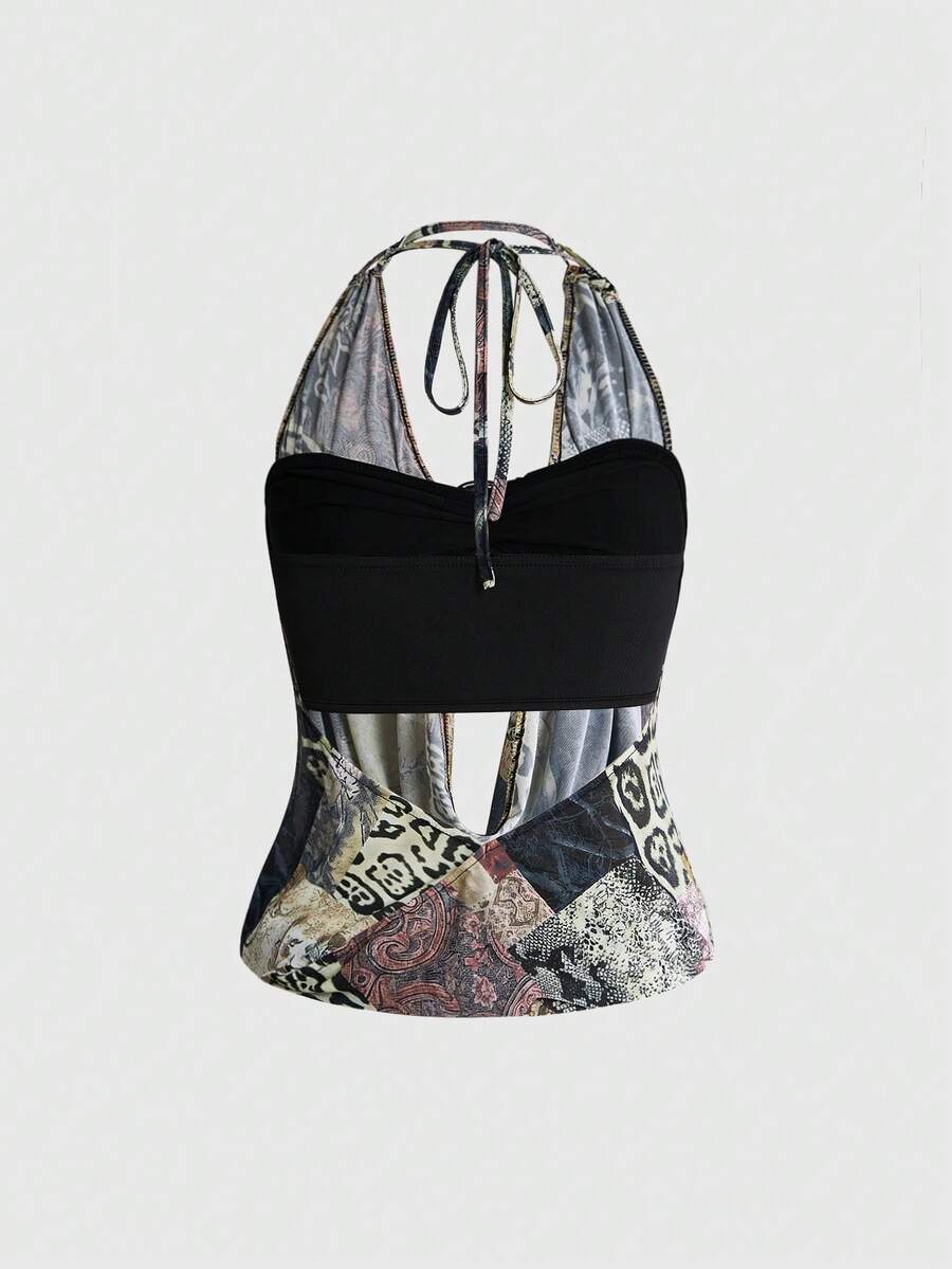 Women's cowl neck halter crop tank top featuring a draped backless design and matching bandeau inner layer.