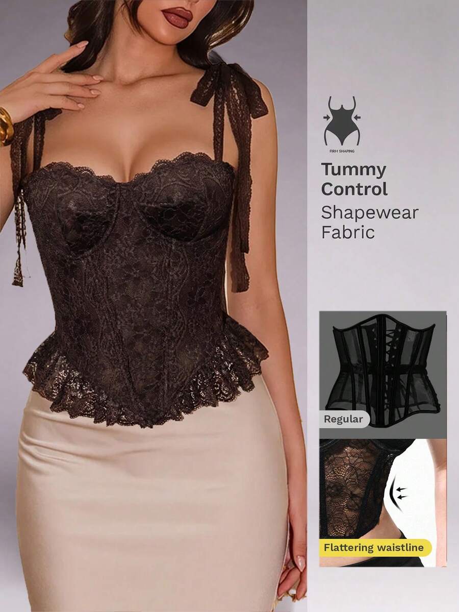 Women's lace camisole top featuring a boned bodice, sweetheart neckline, wide straps, and an asymmetrical crop hem.