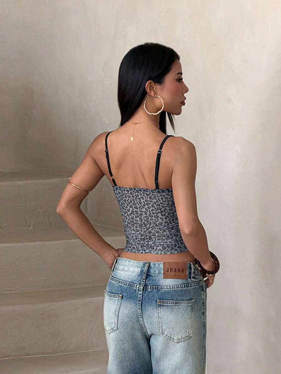 Women's grey mesh print 2-in-1 halter neck tank top featuring spaghetti straps and a layered cami design.