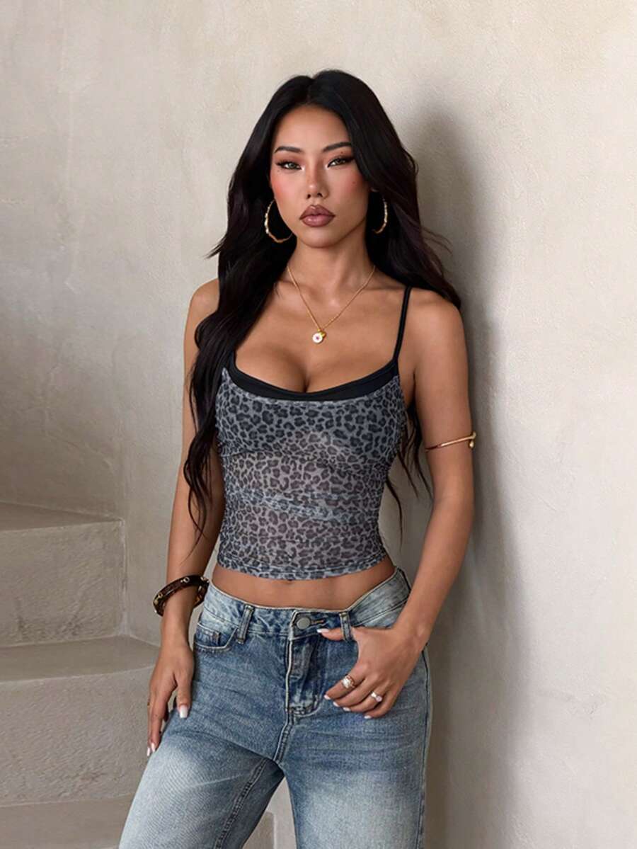Women's grey mesh print 2-in-1 halter neck tank top featuring spaghetti straps and a layered cami design.