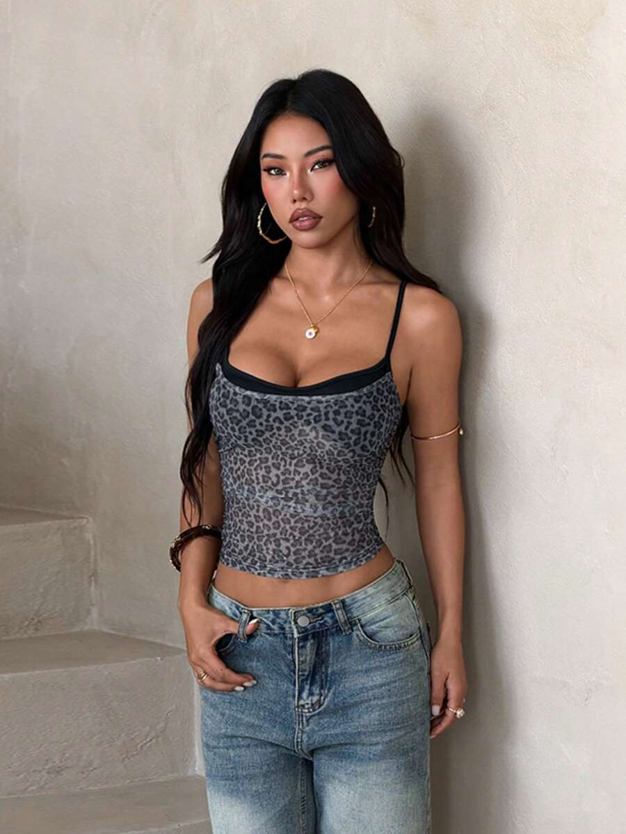 Women's grey mesh print 2-in-1 halter neck tank top featuring spaghetti straps and a layered cami design.