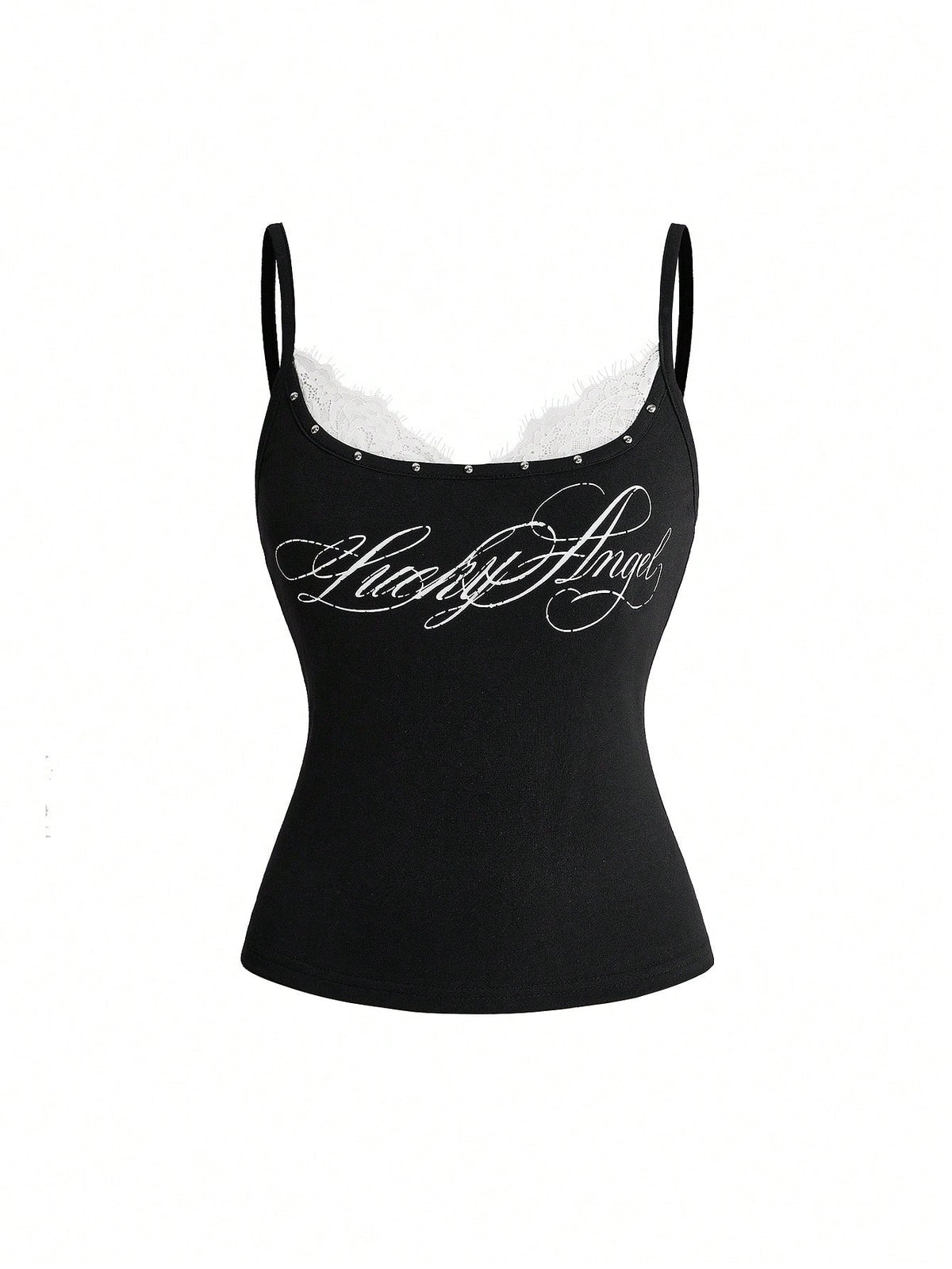 Black 2-in-1 lace patchwork cami tank top featuring spaghetti straps, contrast lace trim, and matching arm sleeves.