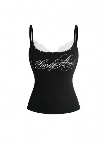 Black 2-in-1 lace patchwork cami tank top featuring spaghetti straps, contrast lace trim, and matching arm sleeves.