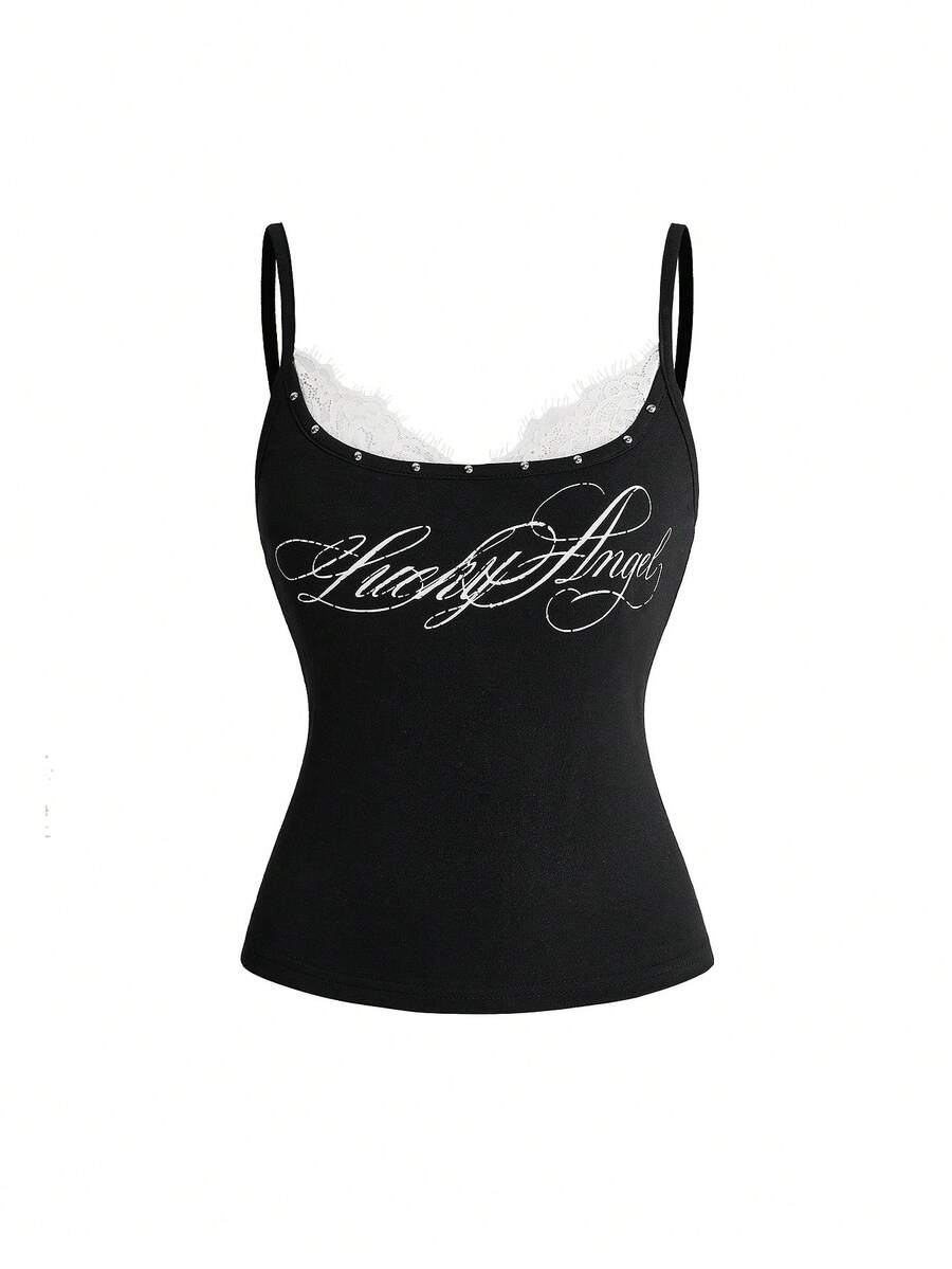 Black 2-in-1 lace patchwork cami tank top featuring spaghetti straps, contrast lace trim, and matching arm sleeves.