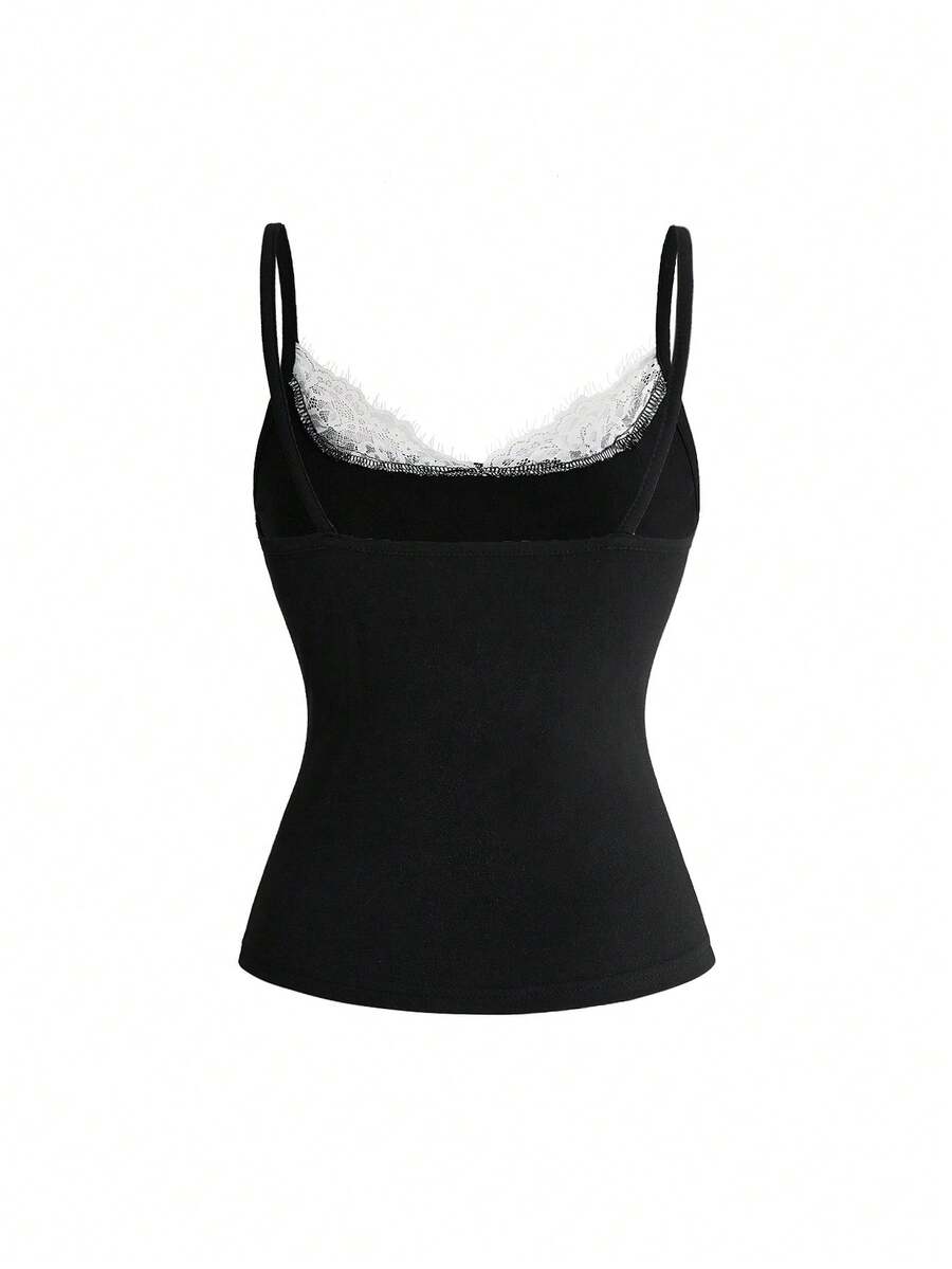 Black 2-in-1 lace patchwork cami tank top featuring spaghetti straps, contrast lace trim, and matching arm sleeves.