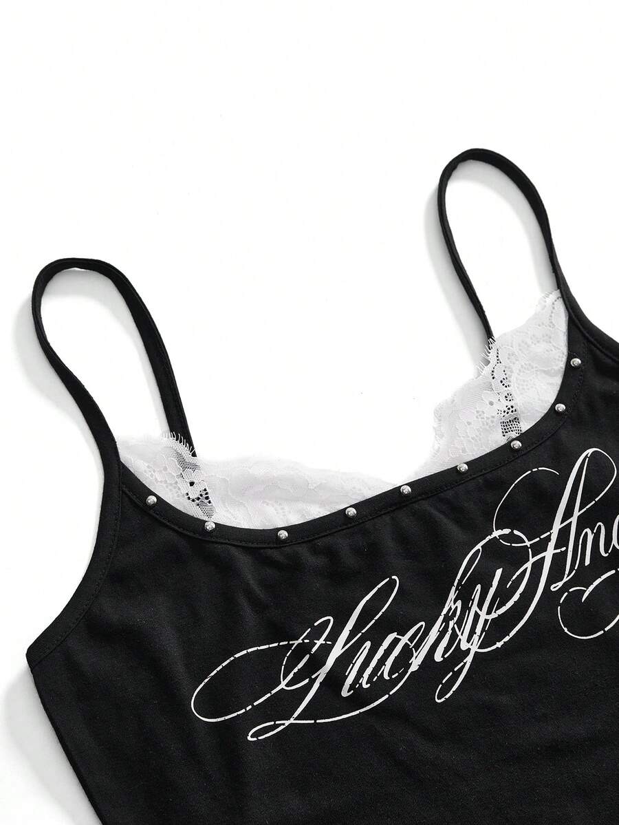 Black 2-in-1 lace patchwork cami tank top featuring spaghetti straps, contrast lace trim, and matching arm sleeves.