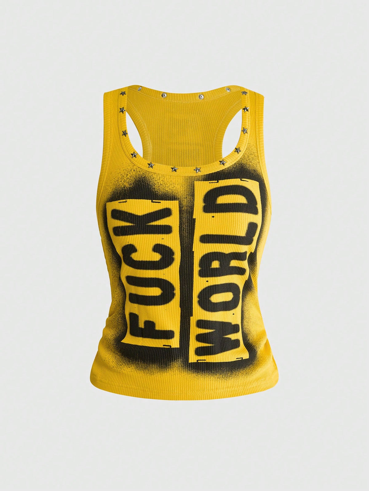 Women's black slim fit tank top featuring a starry sky rivet print and square neckline.