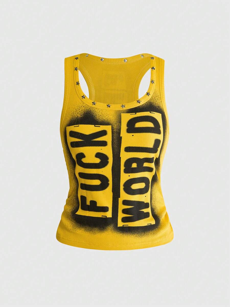 Women's black slim fit tank top featuring a starry sky rivet print and square neckline.