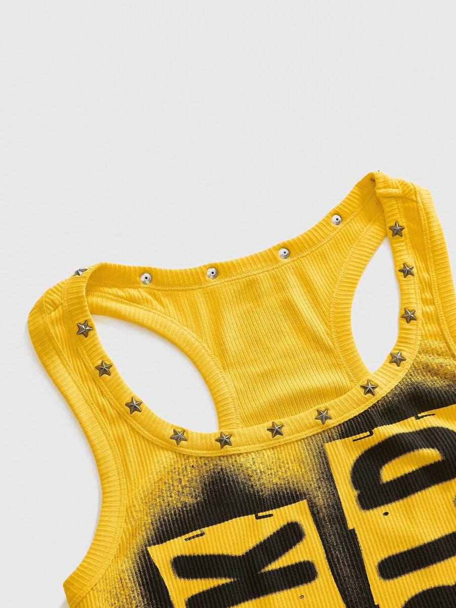 Women's black slim fit tank top featuring a starry sky rivet print and square neckline.